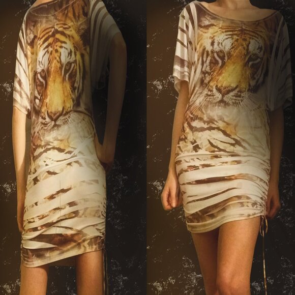 Y2K Colorie Tunic Dress | Rhinestone Tiger Print | Ruched Sides | Size L Fits M - Picture 1 of 2